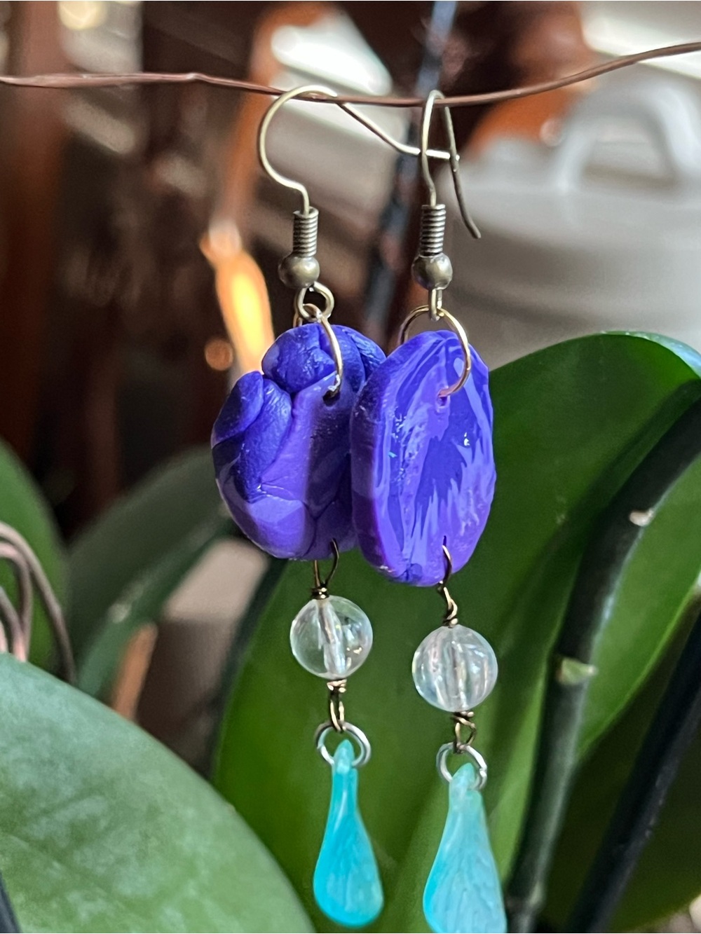 Hand Crafted Violet Polymer Clay Drop Earrings with Aqua Teardrops